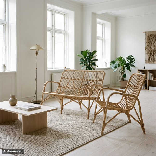 FÅTÖLJ OCH SOFFA, bambu och rotting, 1900-talets mitt