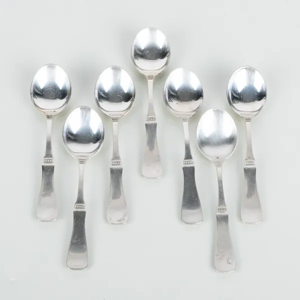 KAFFESKEDAR, 7 st, silver, modell Uppsala, formgivna av Eric Löfman, MGAB 1967