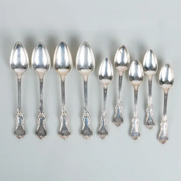SKEDAR, 9 st, silver, otydliga svenska stämplar, 1800-talets mitt