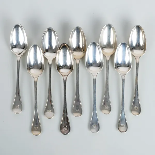 BORDSSKEDAR, 9 st, silver, svenska stämplar AA, Stockholm bla 1876