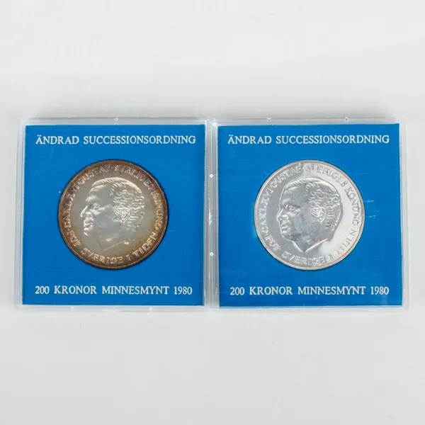 MYNT, 2 st, silver, ändrad sucessionsordning 200 kr minnesmynt 1980
