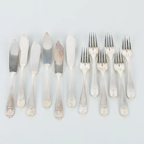 FISKBESTICK, 12 del, silver, modell Wasa, GAB, Stockholm 1925