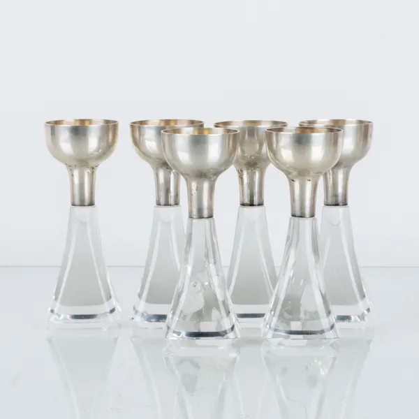 SNAPSGLAS, 6 st, silver och glas, 1900-talets fösta hälft