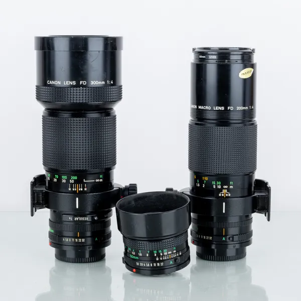 OBJEKTIV, 3 st, Canon FD 300 mm, Canon Makro FD 200 mm samt Canon FD 50 mm