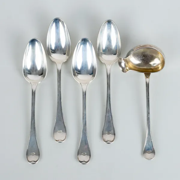 MATSKEDAR OCH SOPPSLEV, 5 del, silver, svenska stämplar AA, Stockholm bla 1876, tot vikt ca 375 g