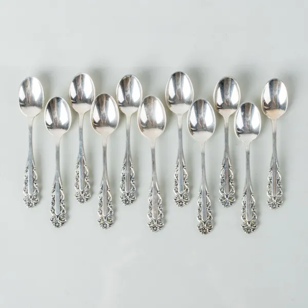 KAFFESKEDAR, 11 st, silver, år 1960